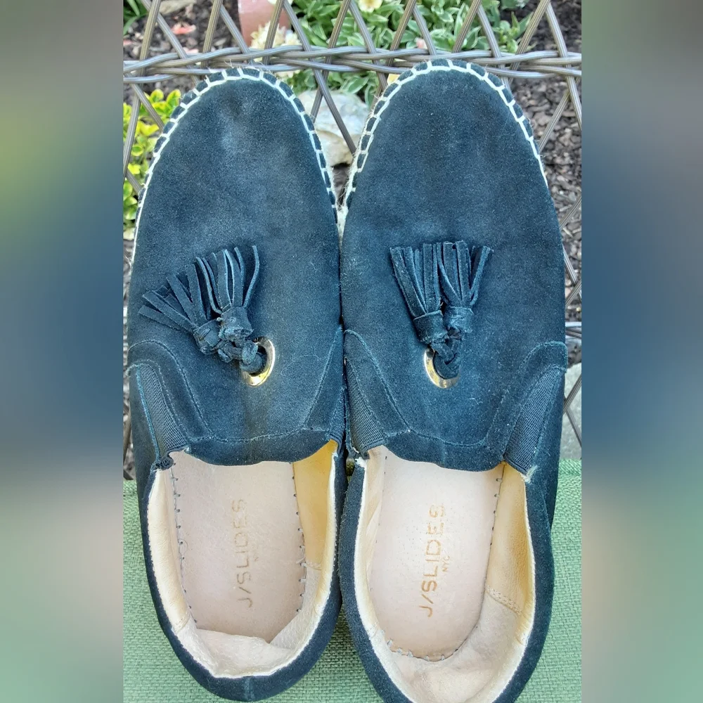 J/Slides NYC Black Suede Espadrille Slip-on Shoe with TasselDetail.